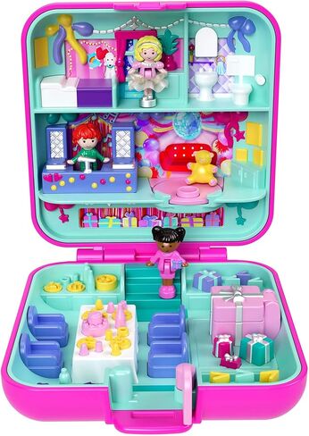 Polly Pocket Mattel 80th Anniversary Tribute Pencil Case Set with 3 Dolls, 1 Pet, a Skirt and Celebration Themed Furniture, JGK22 in Saudi Arabia