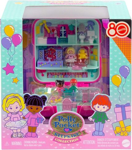 Polly Pocket Mattel 80th Anniversary Tribute Pencil Case Set with 3 Dolls, 1 Pet, a Skirt and Celebration Themed Furniture, JGK22 in Saudi Arabia