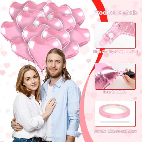 Heart Balloons,15Pcs Pink Heart Shaped Balloons, 18 Inch Love Valentines Balloon, Metallic Helium Mylar Foil Balloon for Mother's Day Propose Marriage Wedding Birthday Valentines Day Decorations in Saudi Arabia