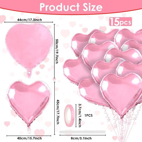 Heart Balloons,15Pcs Pink Heart Shaped Balloons, 18 Inch Love Valentines Balloon, Metallic Helium Mylar Foil Balloon for Mother's Day Propose Marriage Wedding Birthday Valentines Day Decorations in Saudi Arabia