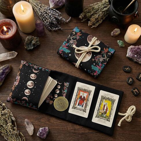 SHE SAID OKURRR 2 قطعة حامل بطاقة التارو أكياس وحقائب التارو من الكتان ملحقات التارو حافظة بطاقة التارو مع نمط قمر الشمس (أسود) in Kuwait