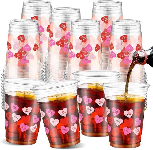 50 Pcs 16 oz Valentine's Day Conversation Heart Cups Pink Red Love Disposable Plastic Coffee Candy Cups Romantic Valentines Conversation Decoration for Dinner Anniversary Party Supplies in Saudi Arabia
