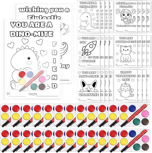 24 مجموعة من هدايا عيد الحب، مجموعة ألوان مائية صغيرة مع لوحة لبطاقات الحيوانات الصغيرة، حقيبة فرشاة طلاء لعيد الحب هدية فنية للحفلات in Kuwait