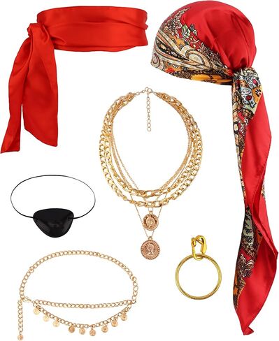 COCIDE 6Pcs Pirate Accessories Women Pirate Costume Women Captain with Head Scarf Sash Chain Belt Necklace Eye Patch Party Outfit in Saudi Arabia