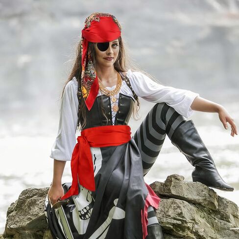 COCIDE 6Pcs Pirate Accessories Women Pirate Costume Women Captain with Head Scarf Sash Chain Belt Necklace Eye Patch Party Outfit in Saudi Arabia