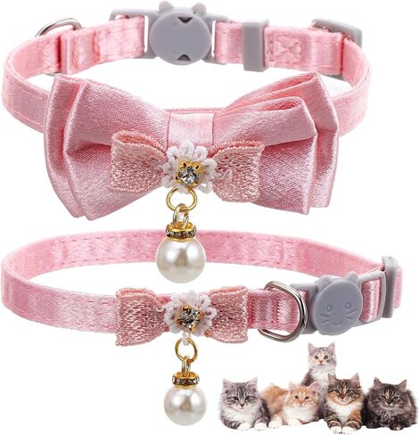 2 Pack Pink Cotton Cat Collars for Girl Cats, Cute Pearl Bow Kitten Collar Breakaway Safety Buckle Cats Pet Collars Adjustable from 7.9 to 11.8 Inches in Saudi Arabia