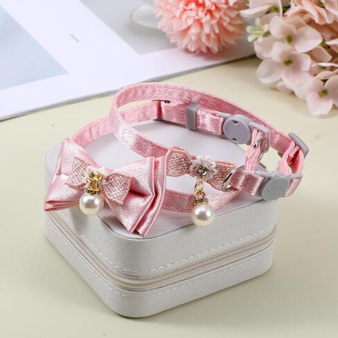 2 Pack Pink Cotton Cat Collars for Girl Cats, Cute Pearl Bow Kitten Collar Breakaway Safety Buckle Cats Pet Collars Adjustable from 7.9 to 11.8 Inches in Saudi Arabia