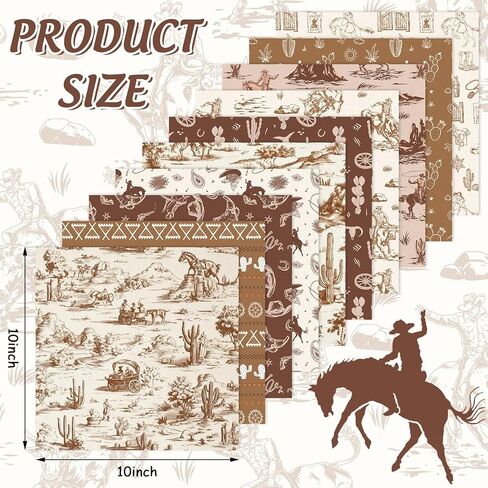 Whaline 10 قطع من نسيج رعاة البقر الغربي مربعات من نسيج القطن، حزم صغيرة من خيول رعاة البقر البنية الصغيرة، أقمشة خياطة الصبار للغرب البري، ديكور الحفلات اليدوية، 25.4 × 25.4 سم in Kuwait
