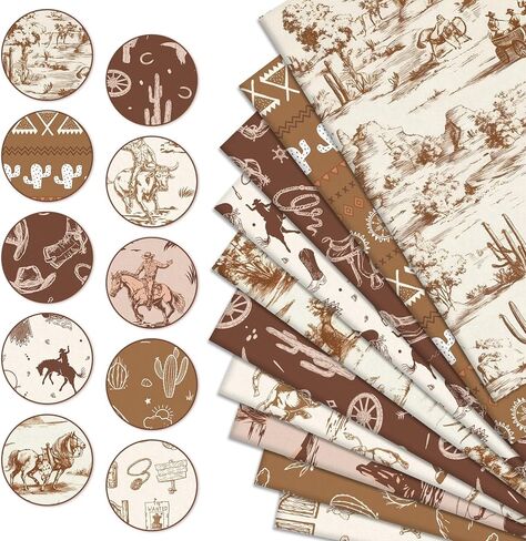 Whaline 10 قطع من نسيج رعاة البقر الغربي مربعات من نسيج القطن، حزم صغيرة من خيول رعاة البقر البنية الصغيرة، أقمشة خياطة الصبار للغرب البري، ديكور الحفلات اليدوية، 25.4 × 25.4 سم in Kuwait