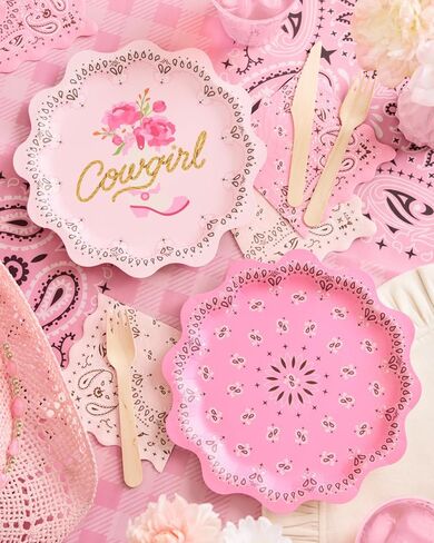 xo, Fetti Cowgirl Plates - 24 Paper Plates | Western Party, Cowgirl Theme, Bandana Birthday, Rodeo Bachelorette, Cowboy Decor, Pink, Gold Foil, Glam in Saudi Arabia