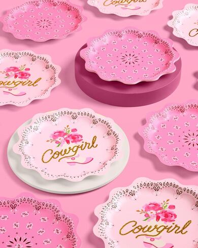 xo, Fetti Cowgirl Plates - 24 Paper Plates | Western Party, Cowgirl Theme, Bandana Birthday, Rodeo Bachelorette, Cowboy Decor, Pink, Gold Foil, Glam in Saudi Arabia