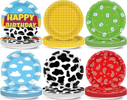60 Pcs Cartoon Story Party Paper Plates Toy Inspired Themed Party Supplies 7" Cow Print Sky Blue Cloud Paper Plates Tableware Set Cartoon Story Disposable Dessert Dish for Boys Birthday Parties Decor in Saudi Arabia