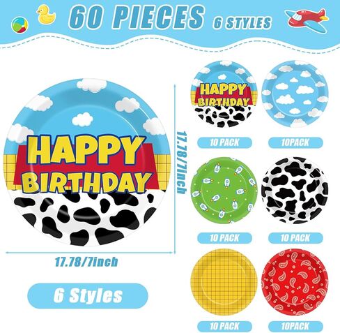 60 Pcs Cartoon Story Party Paper Plates Toy Inspired Themed Party Supplies 7" Cow Print Sky Blue Cloud Paper Plates Tableware Set Cartoon Story Disposable Dessert Dish for Boys Birthday Parties Decor in Saudi Arabia