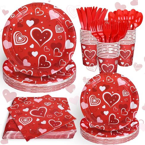 168Pcs Valentine Paper Tableware Set Red Love Heart Disposable Plates Napkins Cups and Cutlery for 24 Guest Wedding Anniversary Dinnerware Party Supplies in Saudi Arabia