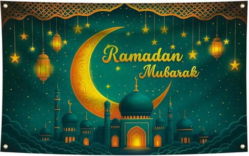 Ramadan Eid Mubarak Banner 71x43 Inch Green and Gold Ramadan Mubarak Decorations Outdoor Home House Decor Party Supplies in Saudi Arabia