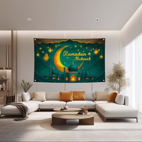 Ramadan Eid Mubarak Banner 71x43 Inch Green and Gold Ramadan Mubarak Decorations Outdoor Home House Decor Party Supplies in Saudi Arabia
