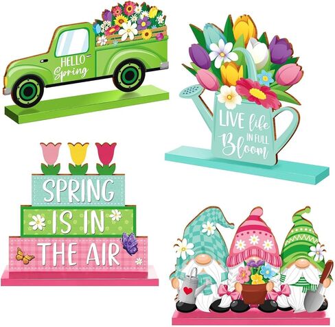 Spring Decorations Wooden Tabletop Set, 4-Piece Rustic Farmhouse Spring Decor for Tiered Tray, Shelf, Mantel & Easter Home Display in Saudi Arabia