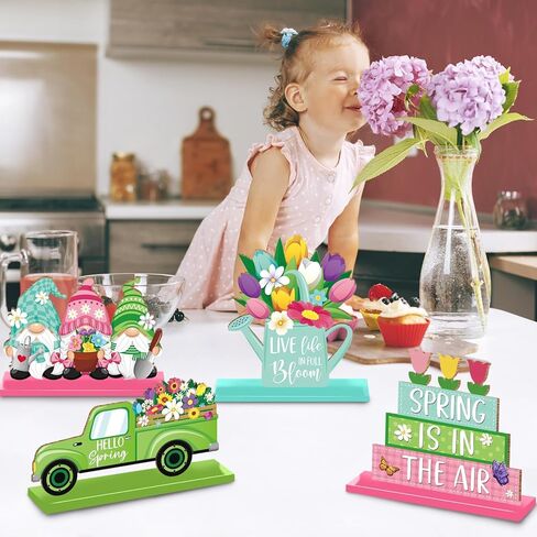 Spring Decorations Wooden Tabletop Set, 4-Piece Rustic Farmhouse Spring Decor for Tiered Tray, Shelf, Mantel & Easter Home Display in Saudi Arabia