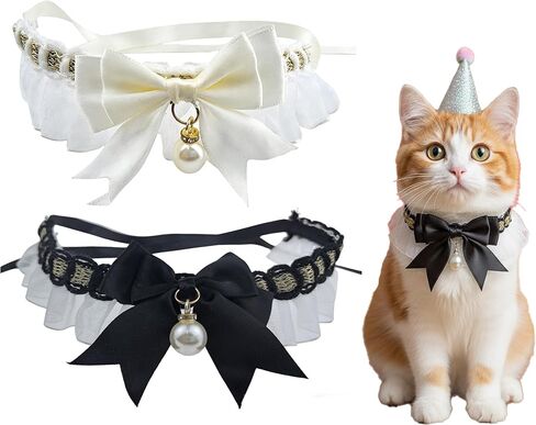 2 Pcs Lace Cat Collar with Pearl & Fishbone Pendant, Fancy Handmade Jewelry Kitten Necklace, Adjustable Soft Ribbon Tie-on Neckwear for Girl Cats, Small Puppy Birthday Party Wedding Gift in Saudi Arabia