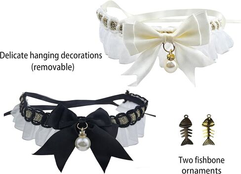 2 Pcs Lace Cat Collar with Pearl & Fishbone Pendant, Fancy Handmade Jewelry Kitten Necklace, Adjustable Soft Ribbon Tie-on Neckwear for Girl Cats, Small Puppy Birthday Party Wedding Gift in Saudi Arabia