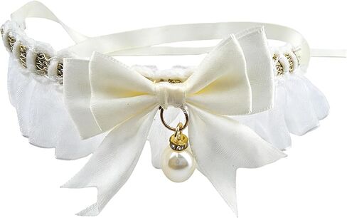 2 Pcs Lace Cat Collar with Pearl & Fishbone Pendant, Fancy Handmade Jewelry Kitten Necklace, Adjustable Soft Ribbon Tie-on Neckwear for Girl Cats, Small Puppy Birthday Party Wedding Gift in Saudi Arabia