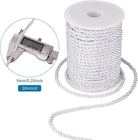 98Ft 5mm Twisted Silk Rope Cord Silver Soft Twine Rope Satin Luster Cord Trim Braided Nylon String for Home Christmas Decor Crafts Curtain Tieback Upholstery Bag Drawstrings Graduation Cord in Saudi Arabia