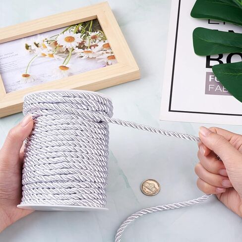 98Ft 5mm Twisted Silk Rope Cord Silver Soft Twine Rope Satin Luster Cord Trim Braided Nylon String for Home Christmas Decor Crafts Curtain Tieback Upholstery Bag Drawstrings Graduation Cord in Saudi Arabia