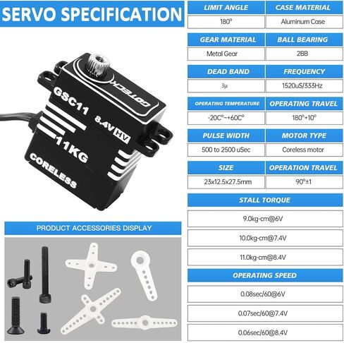 GOTECK Sub Micro Servo Coreless 8.4V مؤازرة توجيه عزم دوران عالية مع جبل وقرن مؤازر معدني لسيارة RC الزاحفة SCX24 C10 JLU Bronco Axial 1/24 ترقية أجزاء in Kuwait