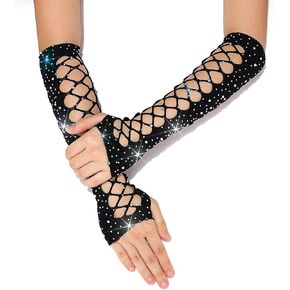 GEMILY Glitter Fingerless Rhinstones Gloves Long Black Fishnet Gloves Hollow out Party Nightclub Arm Sleeves for Women
