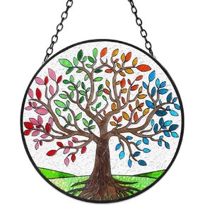 Tuitessine Tree of Life Stained Glass Suncatcher Four Season Theme Colorful Leaves Window Wall Hanging Ornament Hand-Painted Glass Panel Decor Gift for Women Christmas Thanksgiving Gift 6.3 * 6.3"