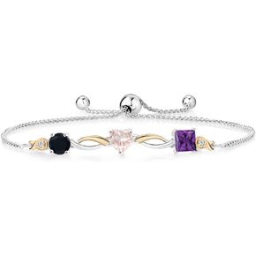 925 Sterling Silver and 10K Yellow Gold Round Black Onyx Heart Rose Rose Quartz and Princess Purple Amethyst with Lab Grown Diamond Tennis Bracelet For Women (1.84 Cttw, Fully Adjustable Up to 9 Inch)