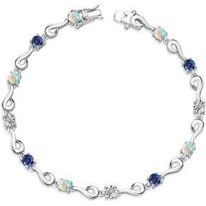 925 Sterling Silver Simulated White Opal and Blue Created Sapphire and White Lab Grown Diamond Bracelet For Women (2.27 Cttw, Gemstone October Birthstone, Round Cabochon 4MM, 6.5, 7, 7.5 Inches)