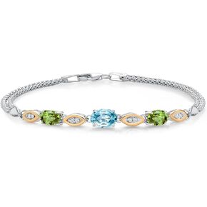 Gem Stone King 925 Silver and 10K Yellow Gold Blue Zircon and Green Peridot and White Lab Grown Diamond Bracelet For Women (2.31 Cttw, Gemstone, Oval, Wheat Chain, 6.5/7/7.5 Inches)
