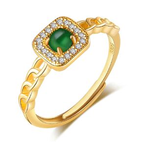 Natural Green Jade Ring for Women, Adjustable Lucky Jade Ring Handmade with Diamond-studded 925 Sterling Silver, Gold Plated Womens Ring Jewelry