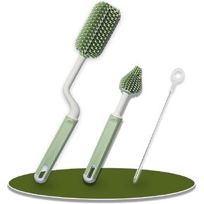 Baby Bottle Cleaner Brush Set with 360° Rotating Long Handle Silicone Baby Bottle Brush, Nipple Brush and Nylon Straw Brush, 3 in 1 Milk Bottle Cleaning Brush Set - Detachable & Hangable (Green)