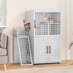GAOMON Cat Litter Box Enclosure with Platform, Double Layer Cat Litter Hidden Furniture, Hidden Cat Litter Box Enclosure, Modern Villa Cat Cabinet with Ladder, Cat Washroom Indoor, Cat House, Grey