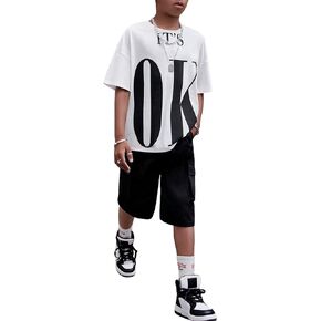 Floerns Boy's 2 Piece Outfit Letter Graphic Tee Shirt and Track Shorts Set