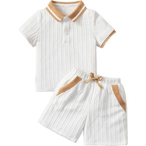 Verdusa Toddler Boy's 2 Piece Outfits Colorblock Short Sleeve Polo Shirt and Shorts Set