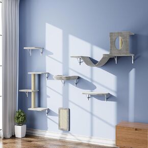 NUNU LAB Wall Mounted Cat Furniture, 6pc Cat Wall Furniture, Cat Climber with Cat House, Bridge, Tree, Steps, and Scratcher, DIY Cat Walls Playground, Cat Shelves for Indoor Wall Furniture Set - Grey