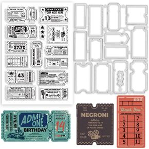 BEUNITONE 2pcs Vintage Ticket Stamp and Die Set Postage Clear Stamp Frame Cutting Dies for DIY Scrapbooking Star Silicone Stamps Embossing Stencils Template for Paper Card Making Album Craft Decor