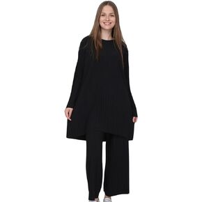 ilmekstore Women's Muslim Long Sleeve Tunic and Pant Set 2 Piece Sets Abaya Casual Outfits Blouse and Pant Dress