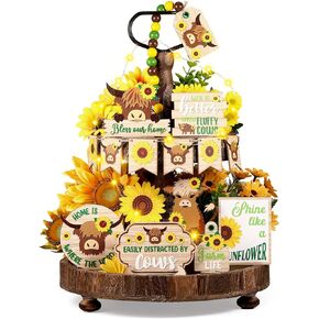 GlikCeil 20 Pcs Highland Cow Tiered Tray Decor Set with LED Lights Wood Cow Sign Rustic Farmhouse Cow Table Centerpiece for Home Kitchen Table Shelf(Sunflower)