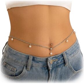 Rhinestone Dangle Belly Button Ring with Waist Chain Summer Beach Rhinestone Navel Piercing Dangle Waist Chain Bikini Pearl Belly Body Chain Jewelry for Women