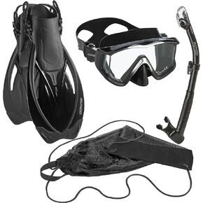 Rapido Boutique Collection Mask Fin Snorkel Set with Adult Snorkeling Gear, Panoramic View Diving Mask, Marine Adjustable Fin, Dry Top Snorkel +Travel Bag