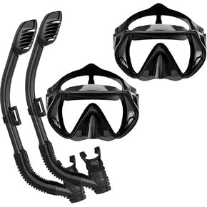 BuyCard عبوتان من معدات الغطس للبالغين، قناع الغطس الجاف، قناع الغطس، رؤية بانورامية واسعة 180 درجة، مجموعة الغطس الاحترافية للبالغين تتنفس بحرية (أسود وأسود) in Kuwait