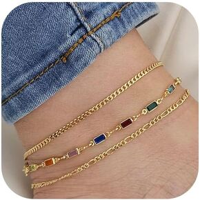 Ankle Bracelets for Women Girls Gold Stackable Anklets,14k Gold Plated Waterproof Layered Beads Herringbone Cuba Paper Clip Chain Figaro Link Anklets Set for Girls Jewelry Gifts Adjustable Size