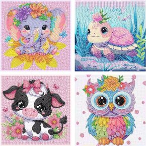 AOSGEDY 4 Pieces Cartoon Diamond Art Kits for Kids, Cute Animals DIY Diamond Art Painting for Adults Beginner, Kids' Mosaic Kits 5D Full Round Drill Gem Art for Home Wall Decor Kids Gift 6X6 inch