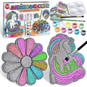 PYO Stepping Stones للأطفال، ColorMyWay 2 حزمة أنشطة حديقة زهرة يونيكورن للفتيات الأولاد الذين تتراوح أعمارهم بين 3-12 مجموعة فن الفسيفساء للحرف الحجرية