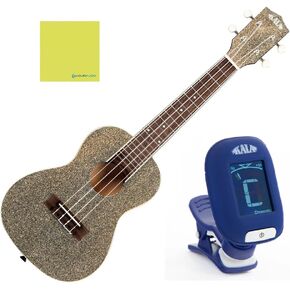 Kala Stardust Gold Sparkle Concert Ukulele Bundle with Kala Klipz Tuner in Blue and Liquid Audio Polishing Cloth - KA-SPRK-GOLD Model