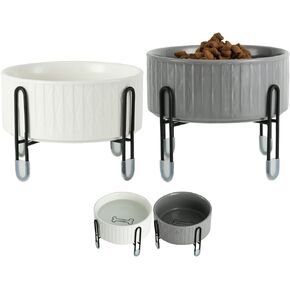 TAMAYKIM 32 oz Ceramic Dog Cat Bowl with Separate Elevated Metal Stand, 3 Adjustable Height 4 Cups Porcelain Pet Feeder Food & Water Bowls Set Non-Slip for Big Cats, Small Medium Dogs, Grey & White